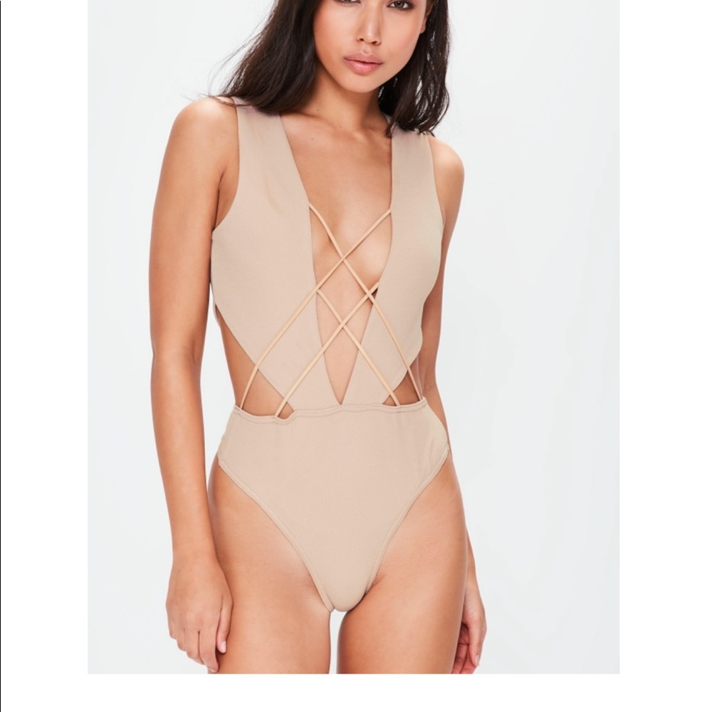 Nude Cross Strap Cut Out Detail Bodysuit